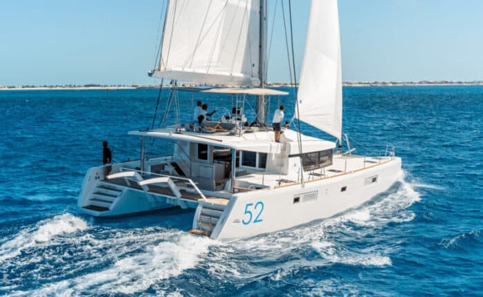 Lagoon 52 Catamaran sailing on the Mediterranean near Greece.