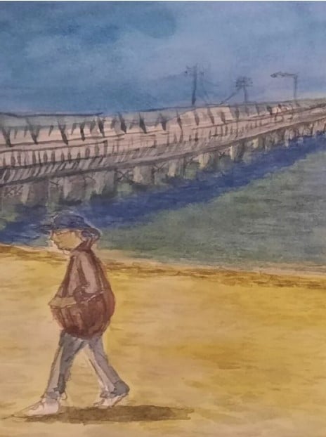 coloured sketch by Teresa Lawrence of a person walking on a beach with a jetty in the background