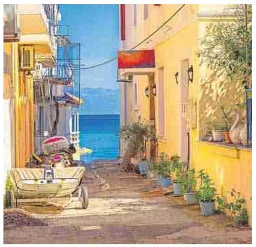 A picturesque Street scene in the traditional fishing village of Koroni, south of Kalamata, part of the Making art in Greece tour.